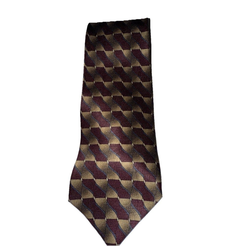 Louis Roth Men's Silk Tie Geometric Burgundy Gold‎ Brown Vintage Handmade Korea